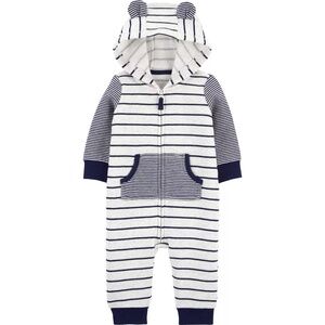 EUC Carter's Fleece Hooded Zip-Up Jumpsuit - Lt. Gray/Navy - 0-3 Months